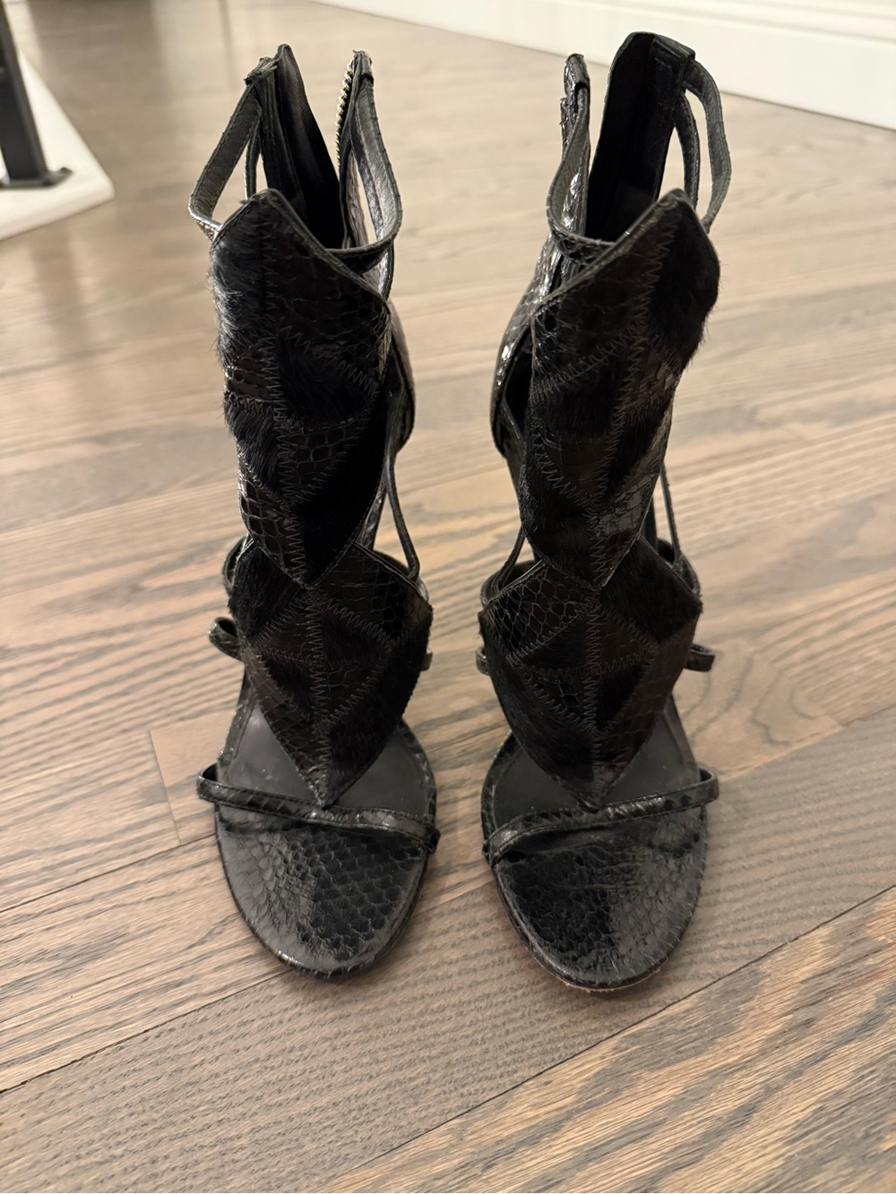 Brian Atwood Black Textured Strappy High-Heel Sandals